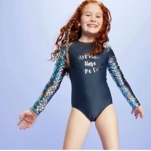 More than Magic Girls' Foil Mermaid Long Sleeve Back Zipper One Piece Sw…